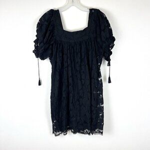 ECI Babydoll Square Neck Puff Sleeve Black Dress Sz M Tunic Boho Chic Cottage